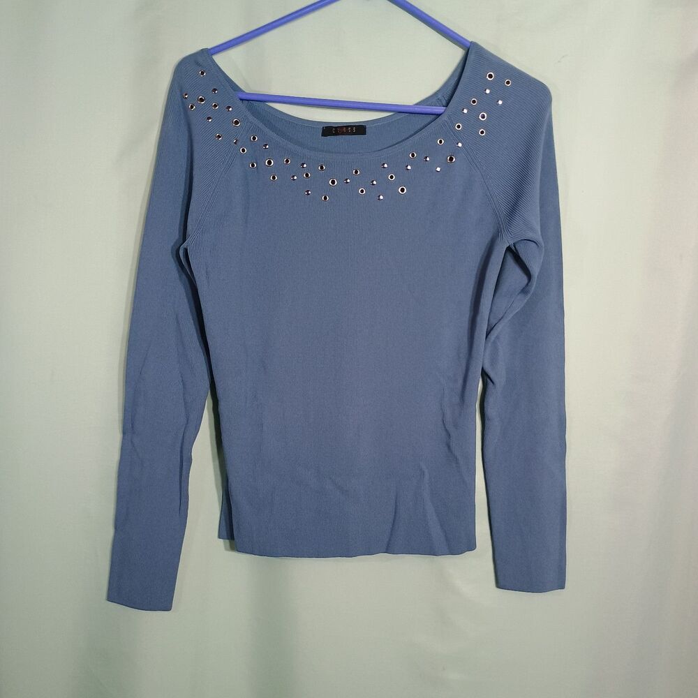 Women’s Dusty Blue Rhinestone Scoop Neck Sweater – Long Sleeve Ribbed Knit Top
